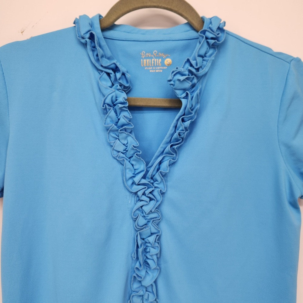 Lilly Pulitzer Luxletic Blue Ruffle Golf UPF 50+ Polo V-Neck Cap Sleeve Women S - Picture 5 of 8
